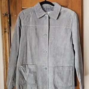 Suede Button-Front Jacket in Light Gray
